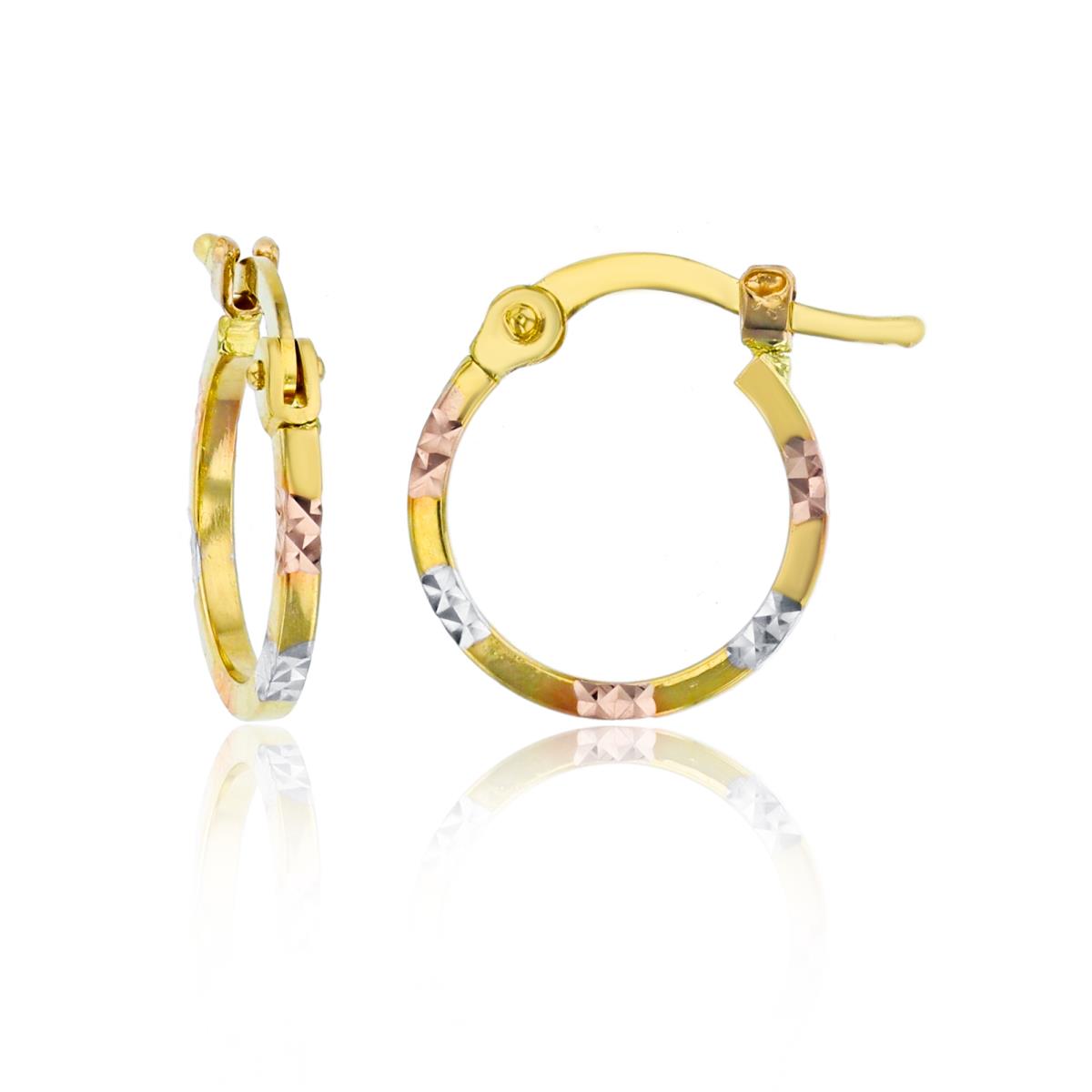 14K Tri-color Gold Diamond Cut 1.5x10mm Round Hoop Earring