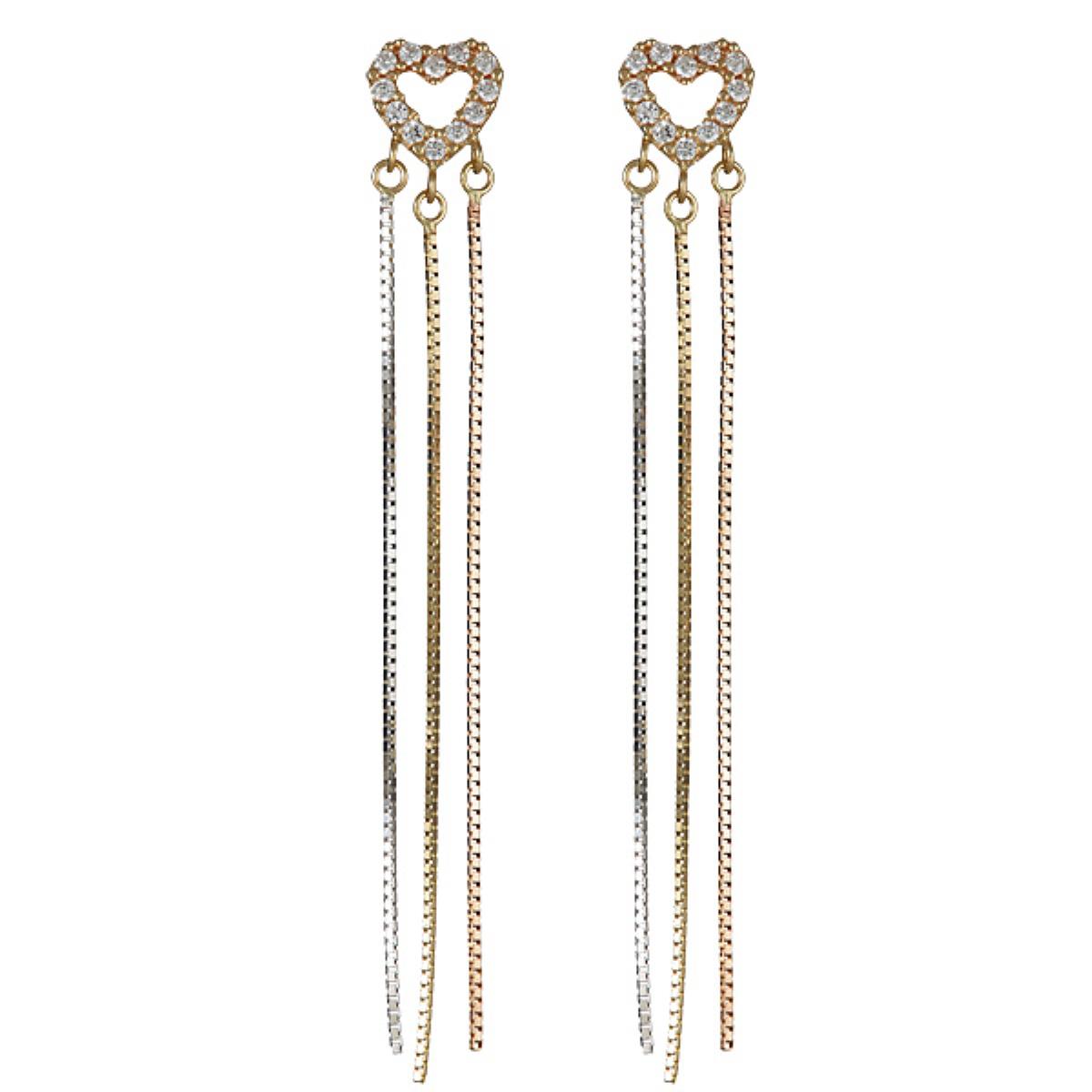 14K Tri-color Gold CZ Heart and Chain Tassel Drop Earring