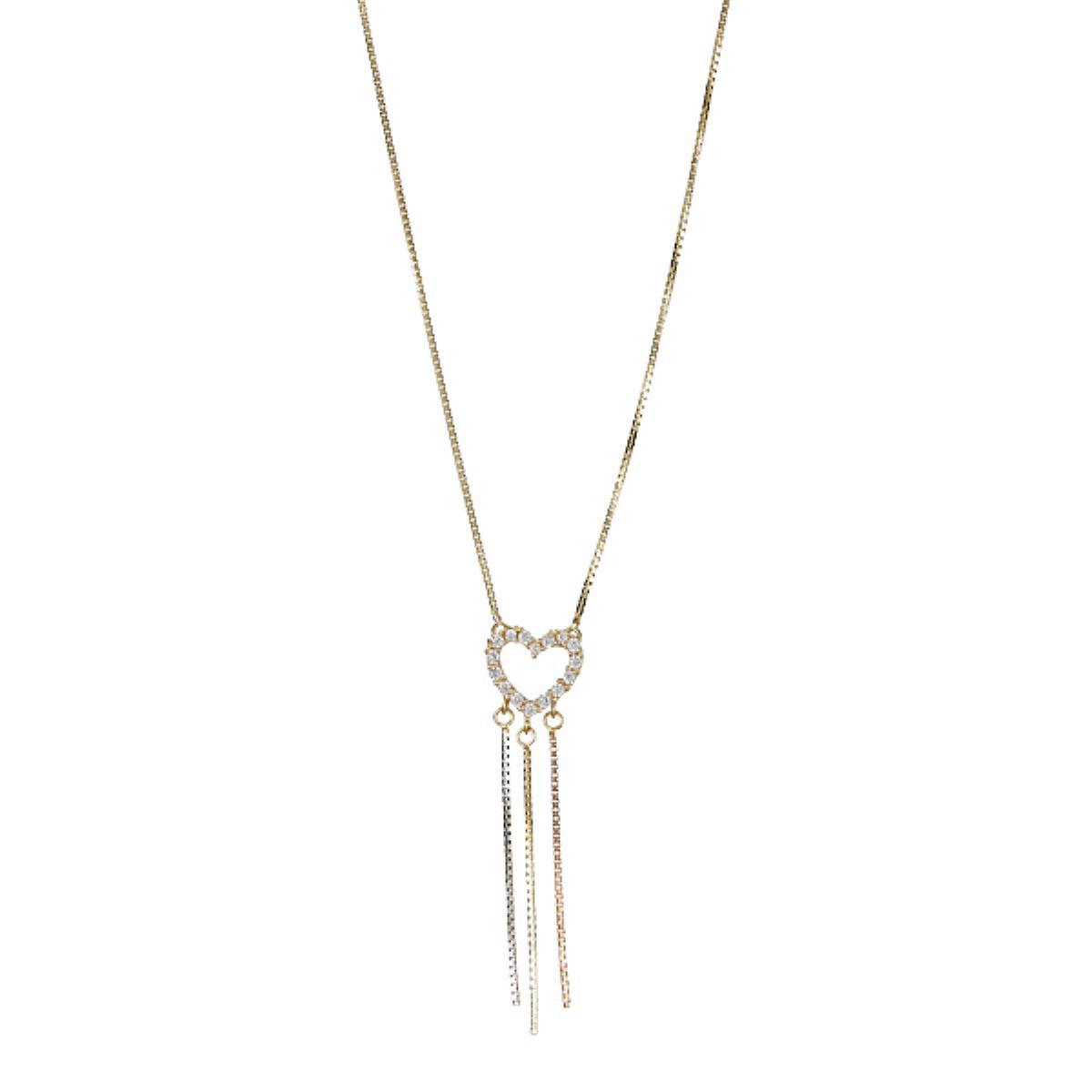 14K Tri-color Gold CZ Heart and Chain Tassel 17" Necklace