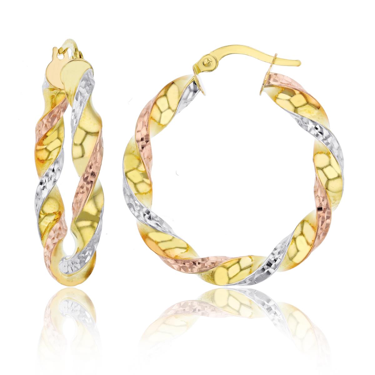 14K Tri-color Gold Diamond Cut 3.5x30mm Twisted Round Hoop Earring