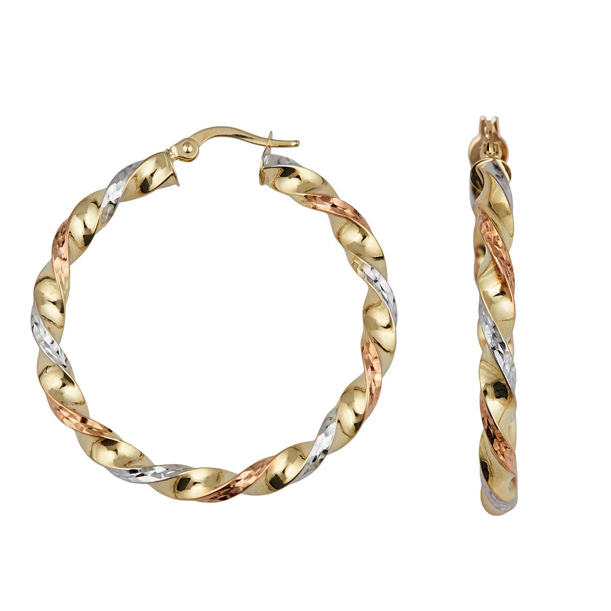 14K Tri-color Gold Diamond Cut 3.5x35mm Twisted Round Hoop Earring
