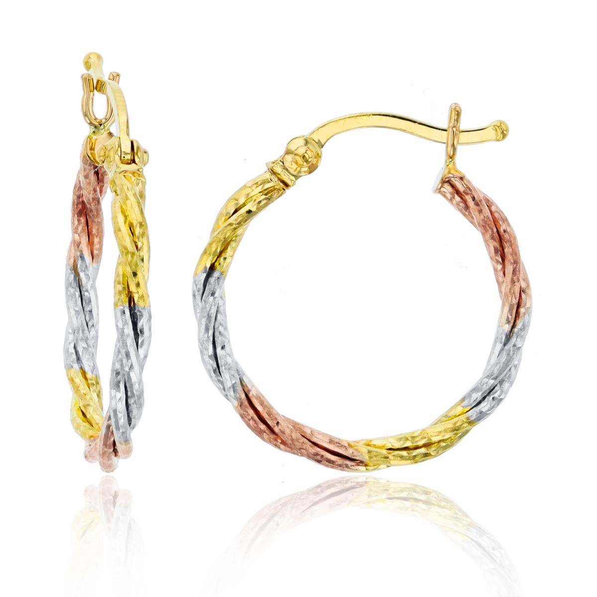 14K Tri-color Gold Diamond Cut Two-Row Twisted 2x20mm Round Hoop Earring