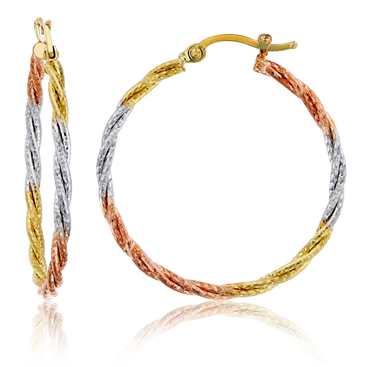 14K Tri-color Gold Diamond Cut Two-Row Twisted 2x30mm Round Hoop Earring