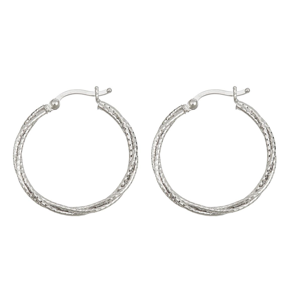 14K White Gold Diamond Cut Two-Row Twisted 2x20mm Round Hoop Earring