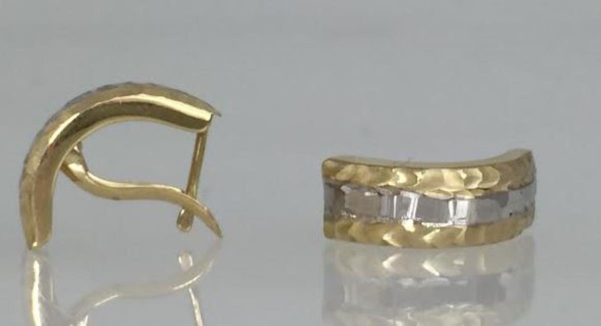 14K Yellow & White Gold Diamond Cut Shiny Huggie Latch Back Earring