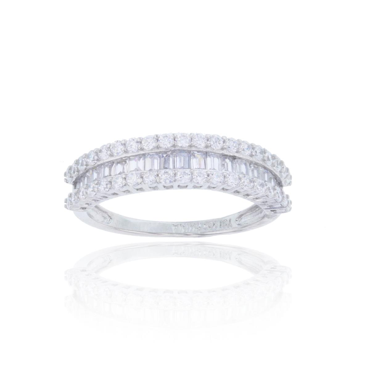Sterling Silver Rhodium 3 Row Baguette&Round CZ Wedding Band