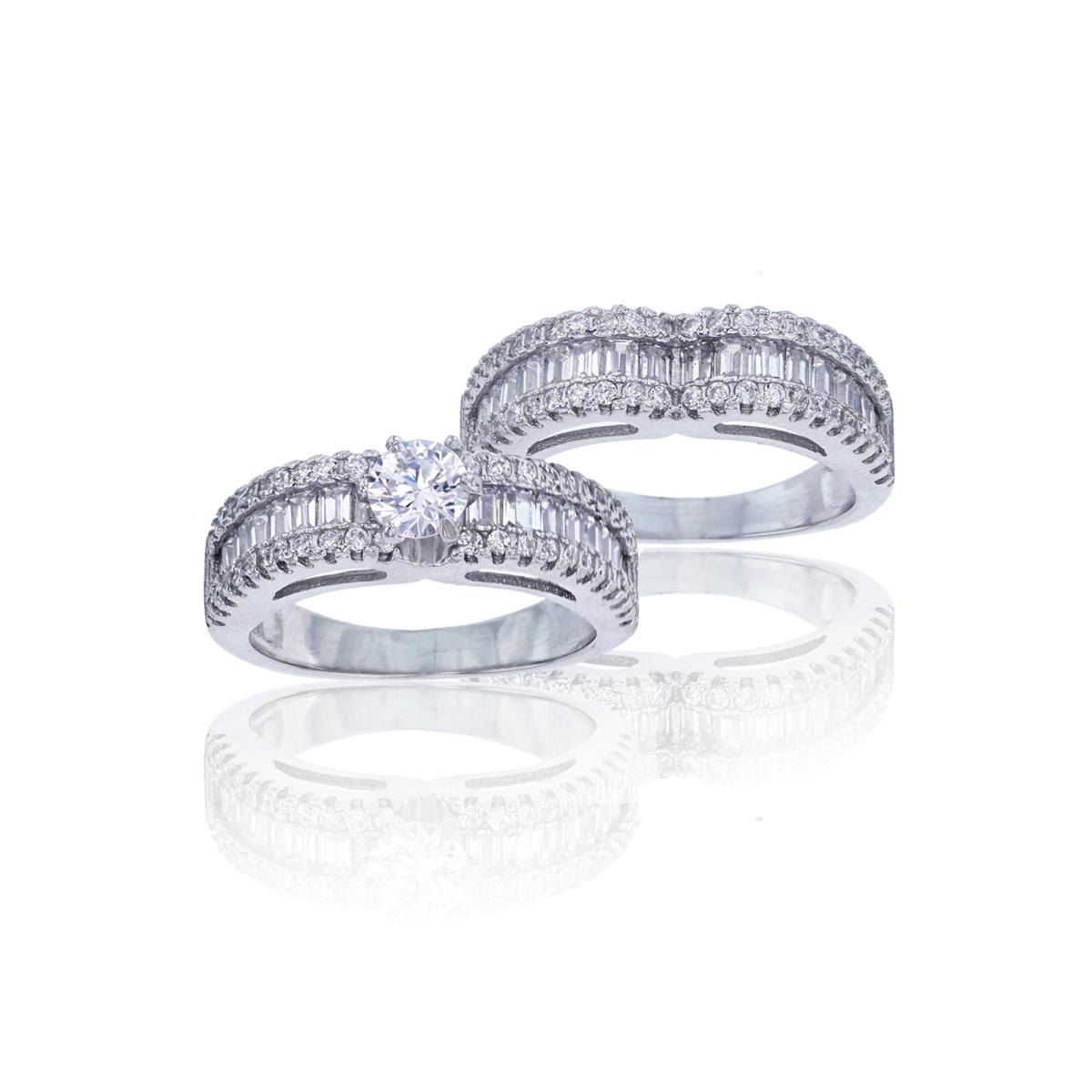 Sterling Silver Rhodium 5mm Round Cut Wedding Ring Duo Set