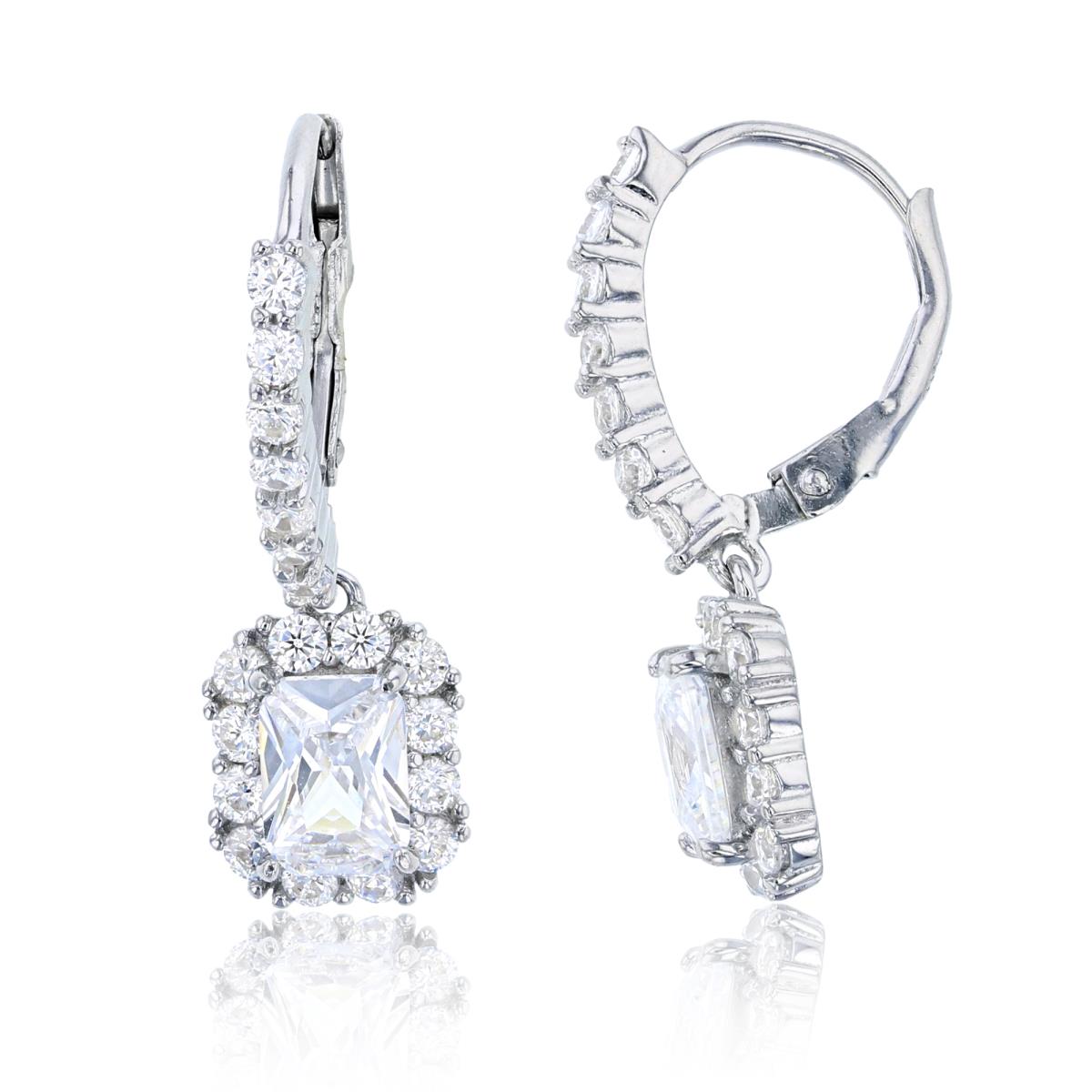 Sterling Silver Rhodium EC & Rnd White CZ Cushion Halo Earring with Lever Backs