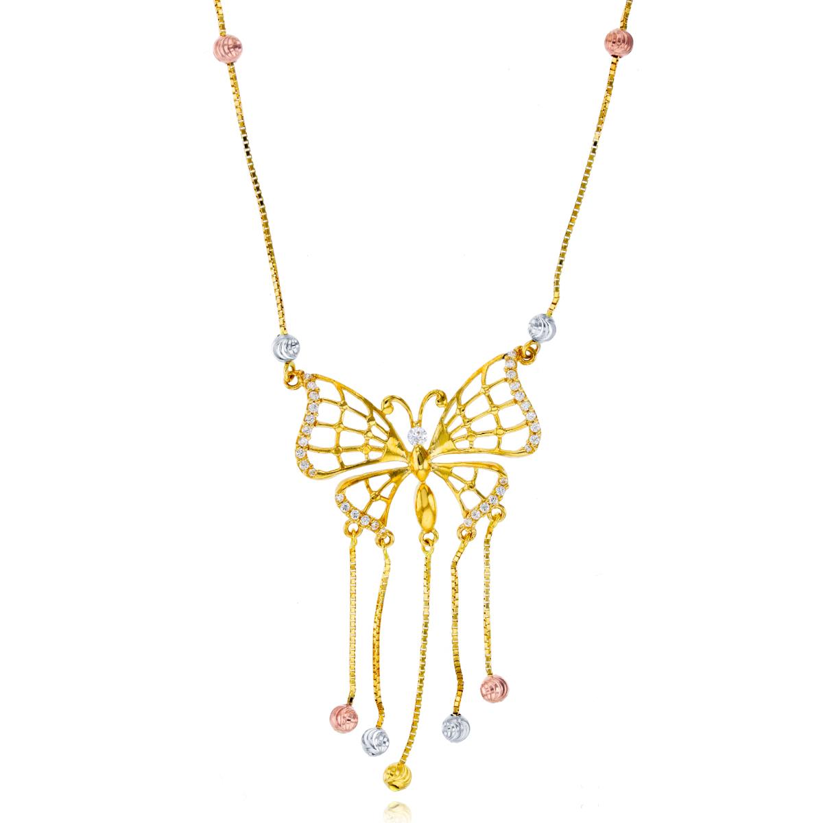 14K Tricolor Gold Butterfly 17" Necklace with Cubic Zirconia
