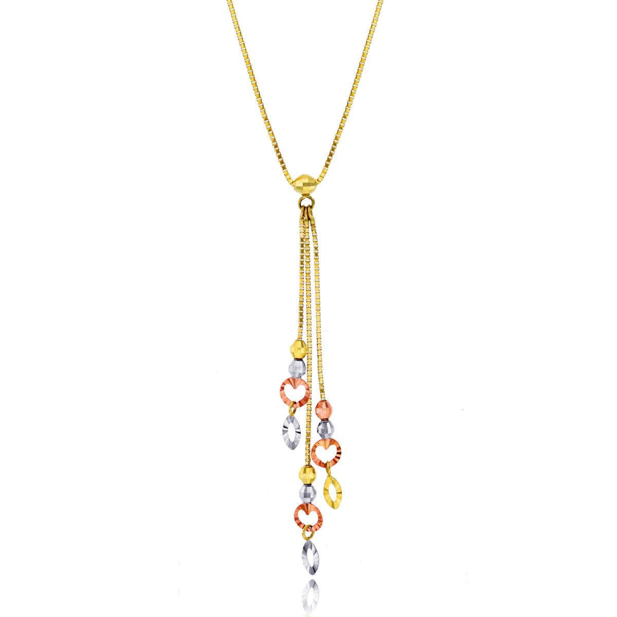 14K Tri-color Gold Diamond Cut Bead Heart Dangling 17" Necklace