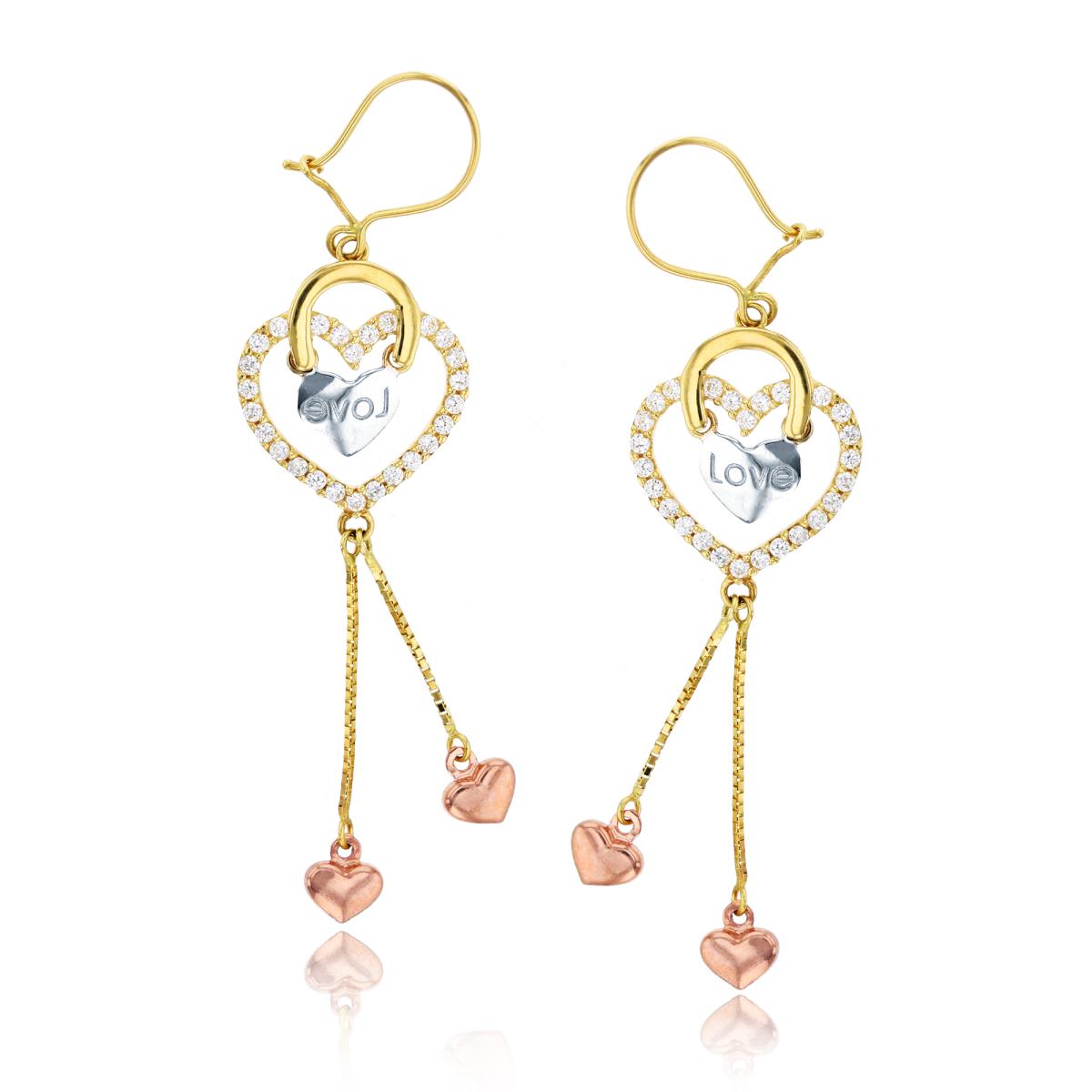 14K Tri-color Gold Heart Dangling Earring with Cubic Zirconia