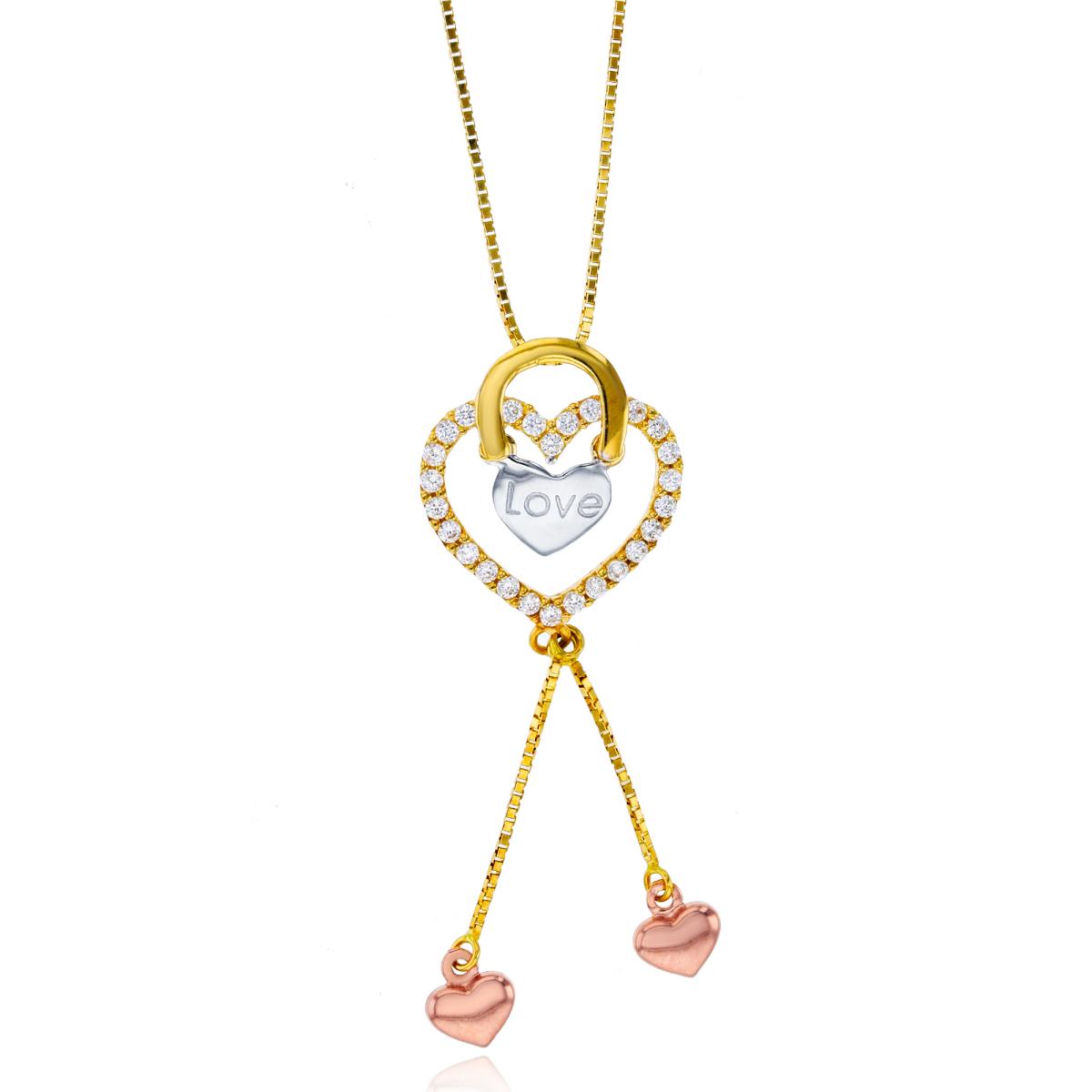 14K Tri-color Gold Love Heart 17" Necklace with Cubic Zirconia