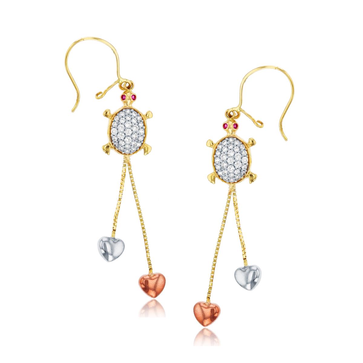 14K Tri-color Gold Turtle Dangling Earring with Cubic Zirconia