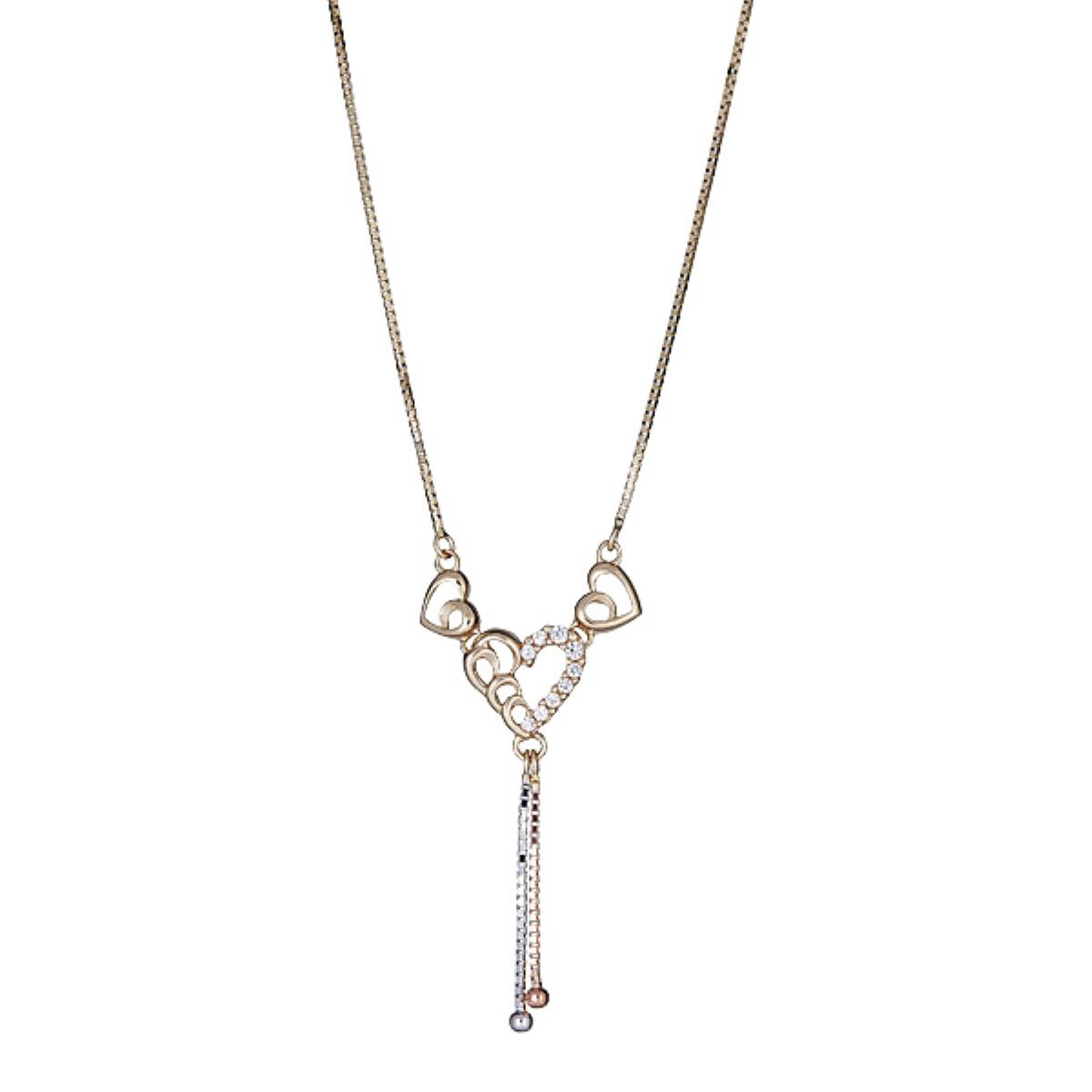 14K Tri-color Gold Heart Dangling 17" Necklace with Cubic Zirconia