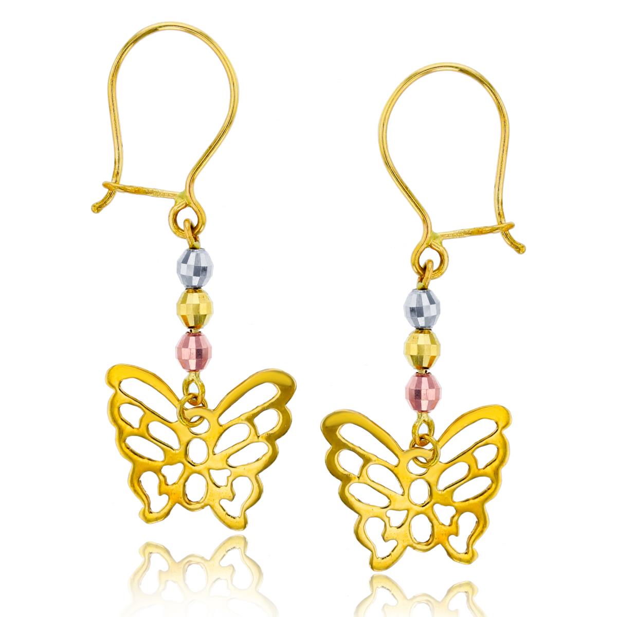 14K Tri-color Gold Diamond Cut Bead and Butterfly Dangling Earring