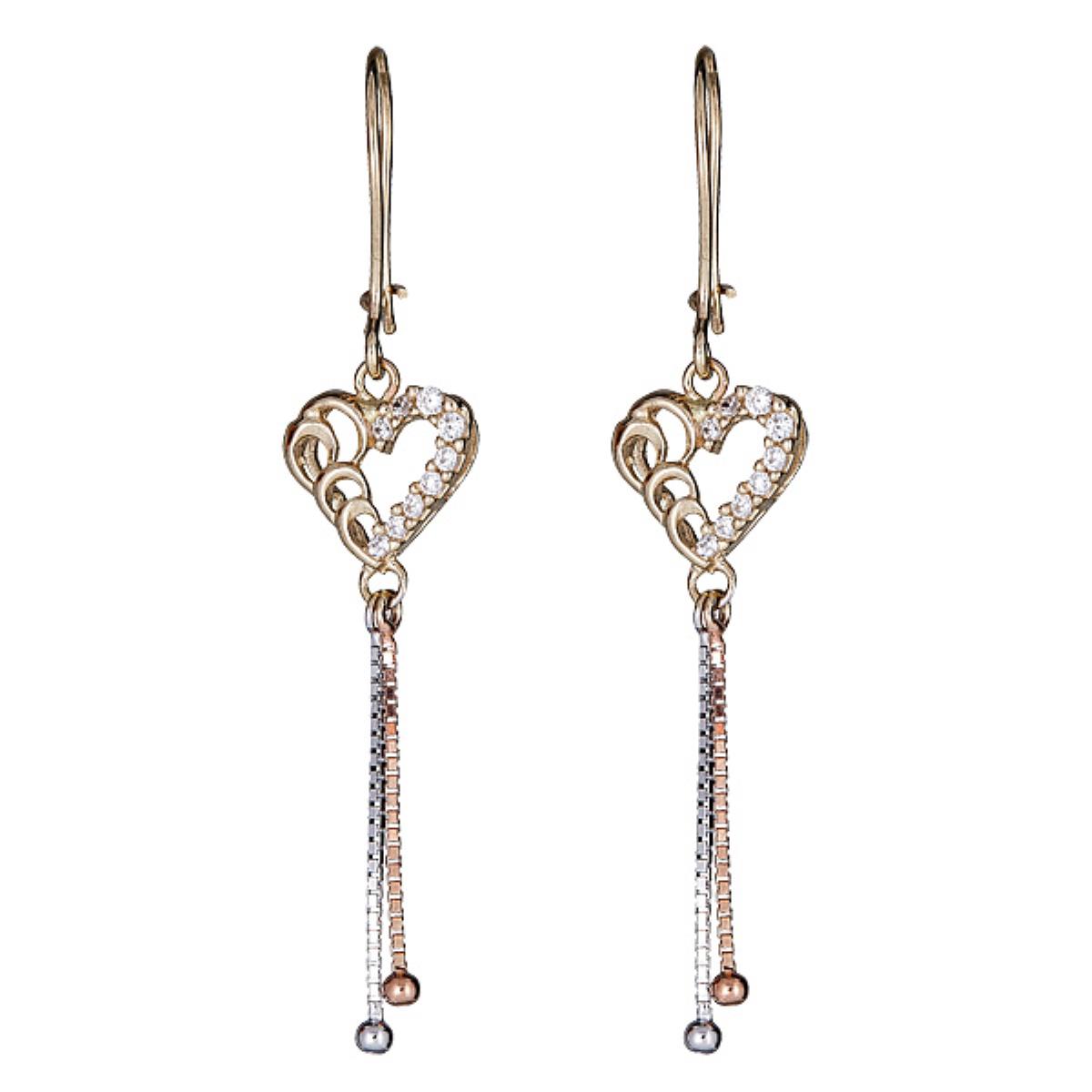 14K Tri-color Gold Dangling Heart Earring with Cubic Zirconia