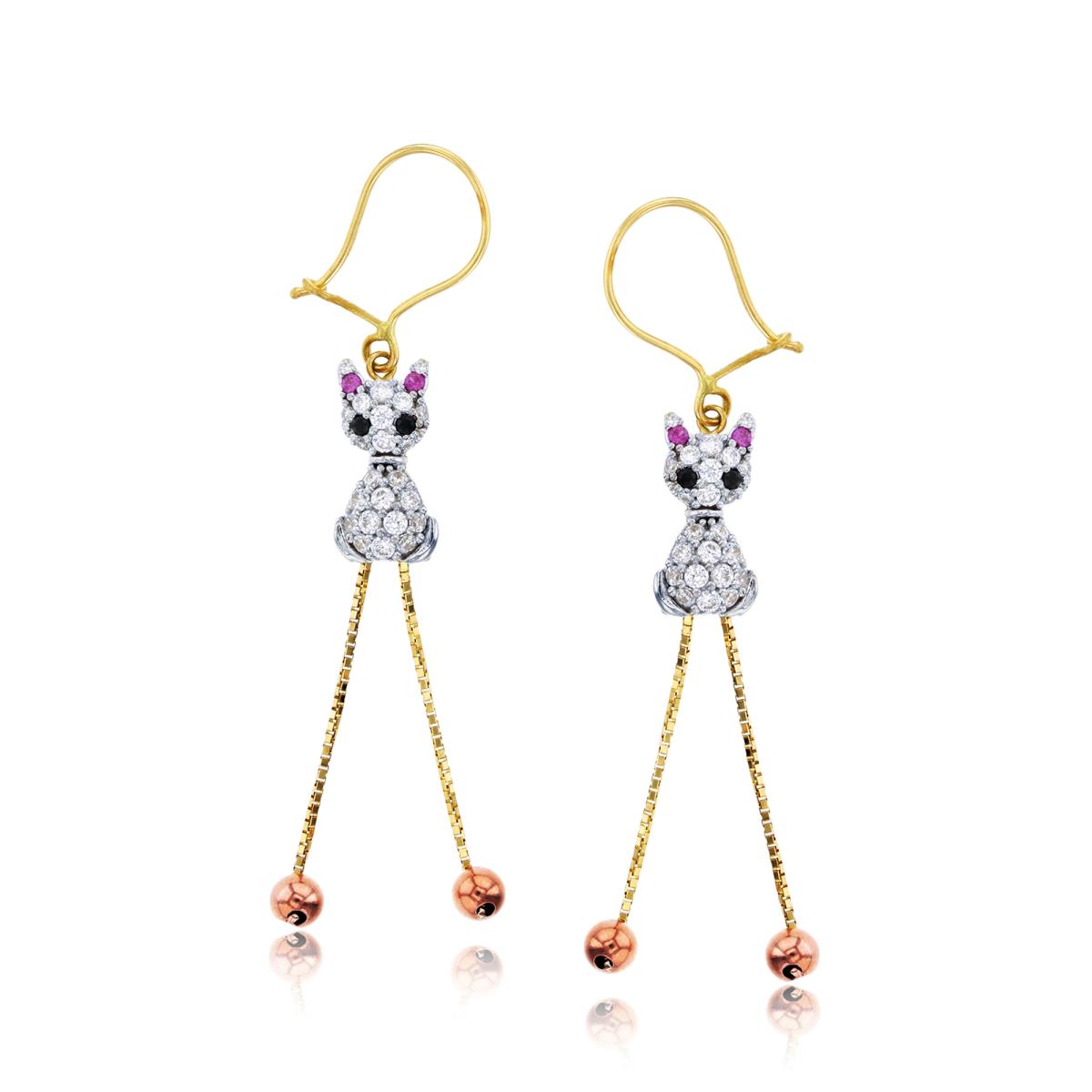 14K Tri-color Gold Dangling Cat Earring with Cubic Zirconia
