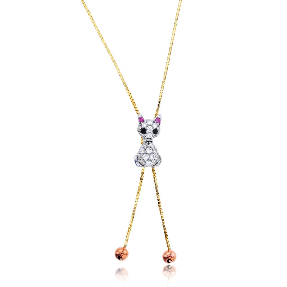 14K Tri-color Gold Dangling Cat 18" Adjustable Necklace with Cubic Zirconia