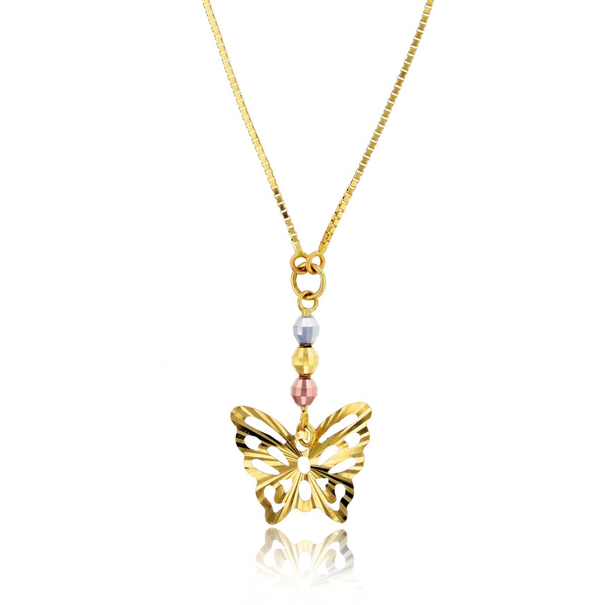 14K Tri-color Gold Diamond Cut Bead and Butterfly 17" Necklace