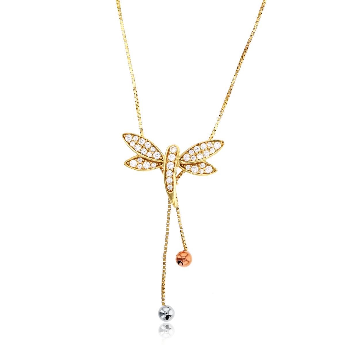 14K Tri-color Gold Dragonfly 18" Adjustable Necklace with Cubic Zirconia 