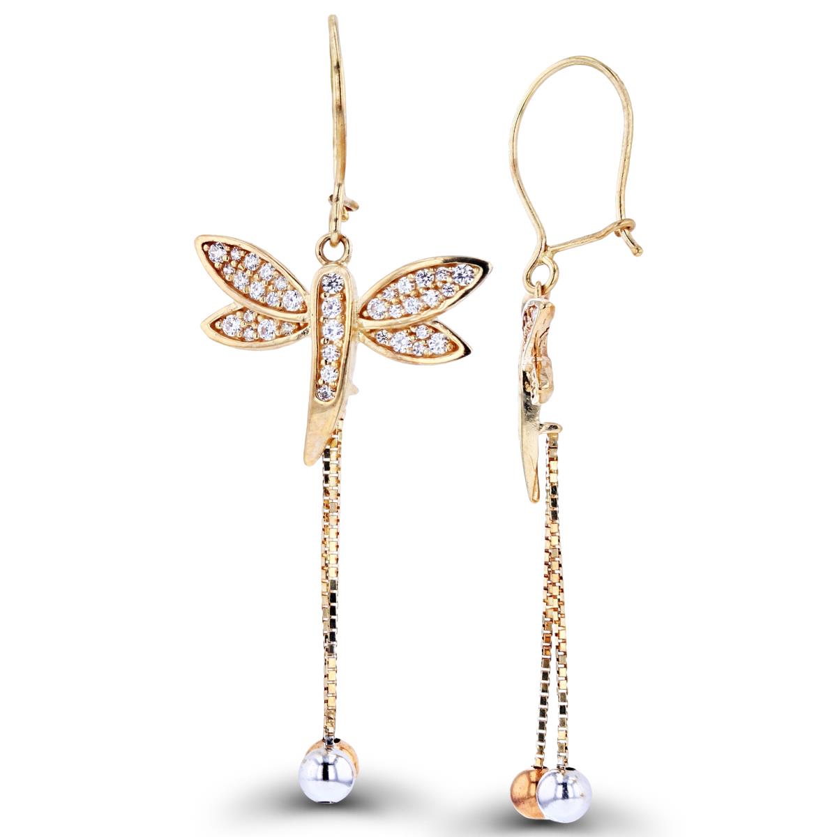 14K Tri-color Gold Dragonfly Dangle Earring with Cubic Zirconia