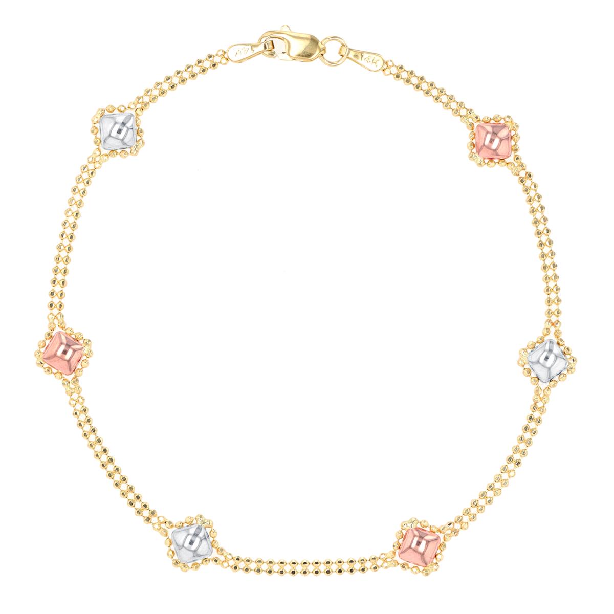 14K Tri-Color Gold Diamond Bead Chain 7.25" Bracelet 