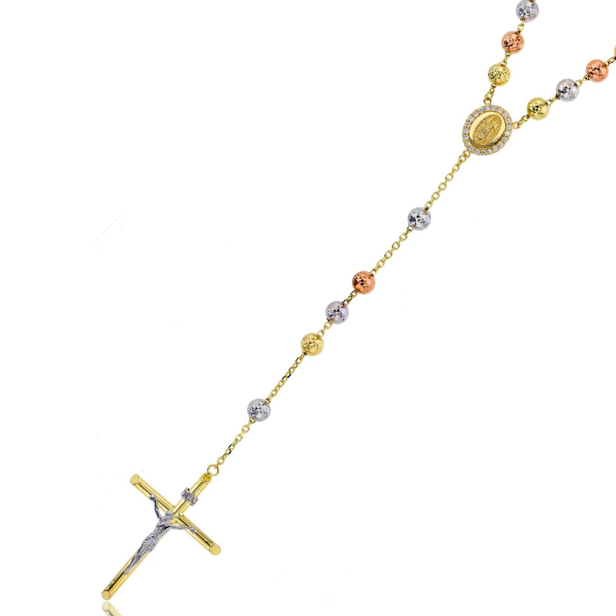 14K Tri-Color Gold 26 Inch 6mm Beads Rosary Necklace 