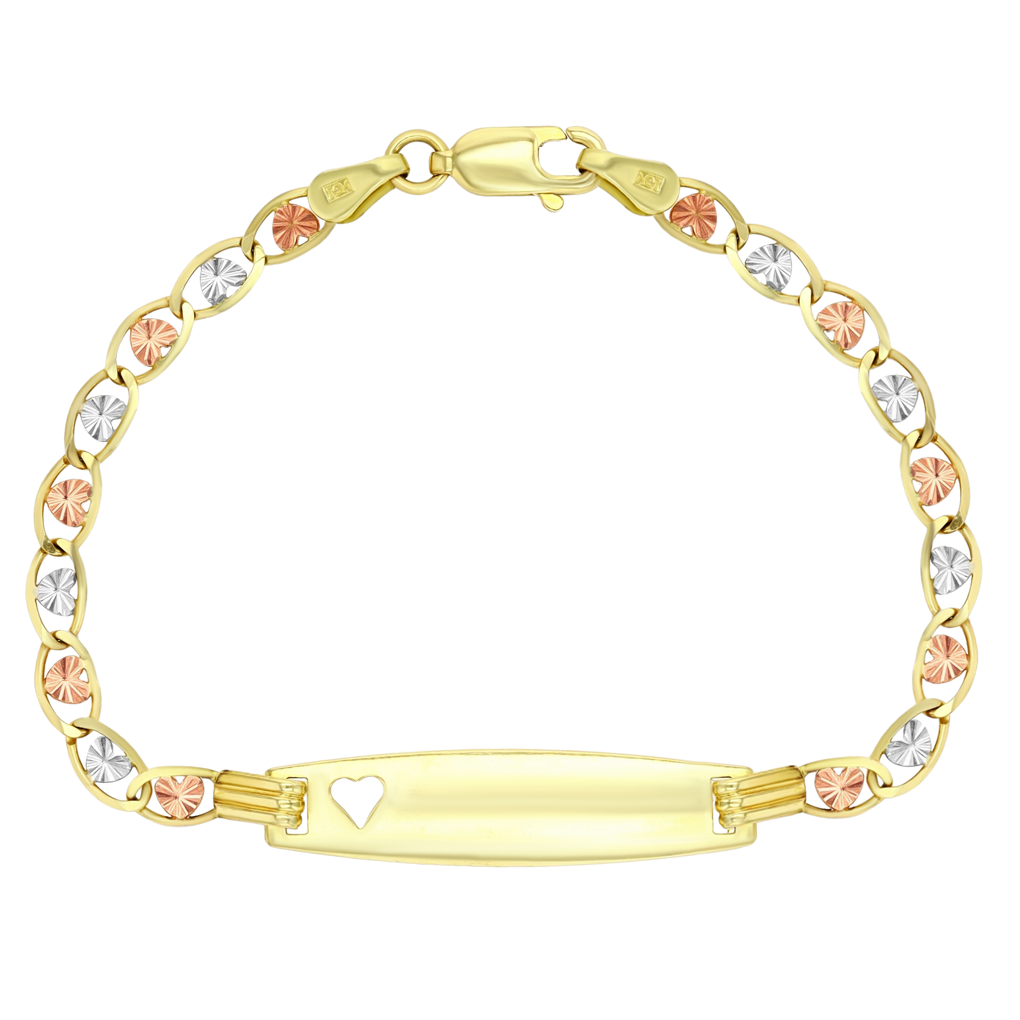 14K Gold Tri-Color Heart-Love Valentino 6" Baby ID Bracelet