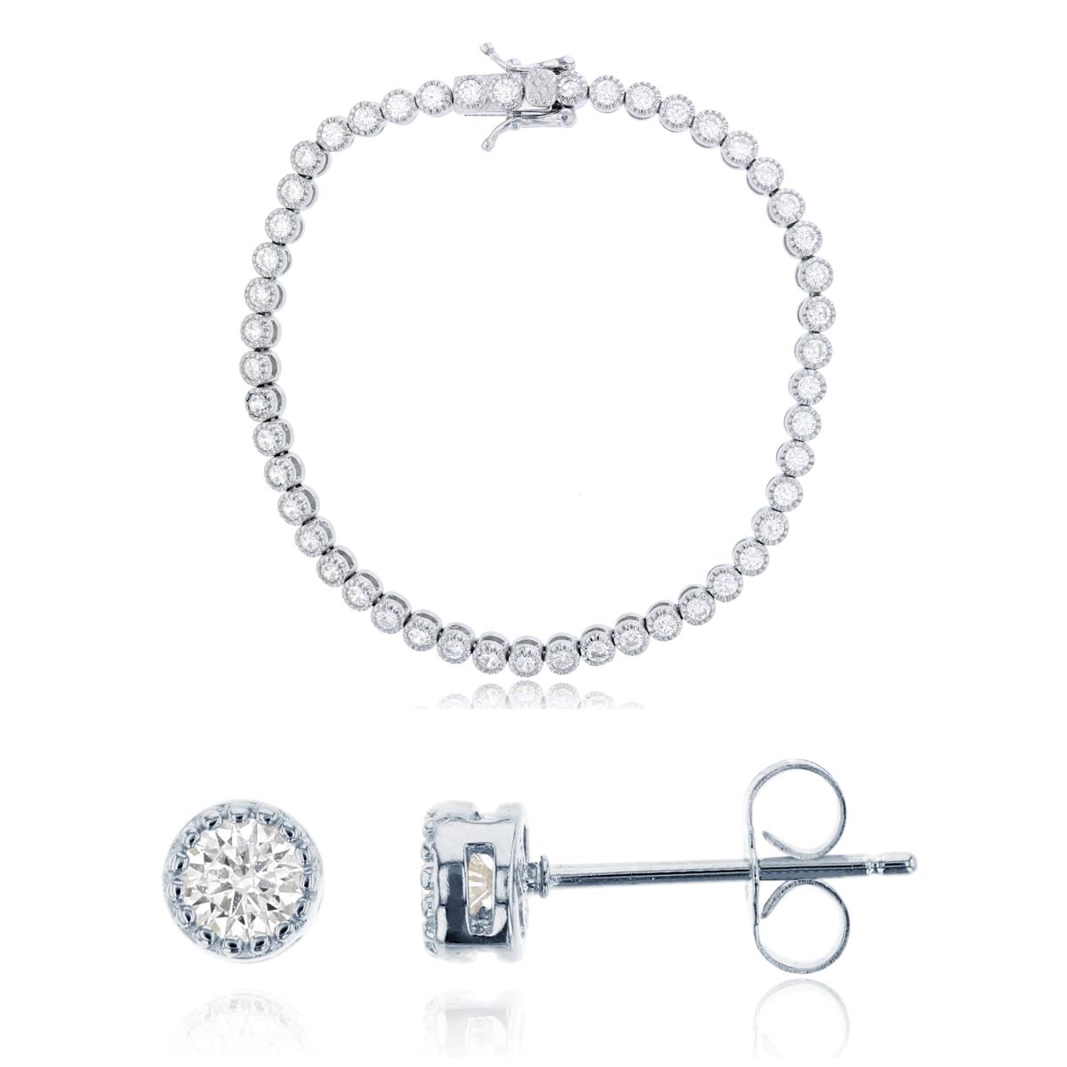Sterling Silver Rhodium Milgraine Bezel 7" Bracelet & Stud Earring Set