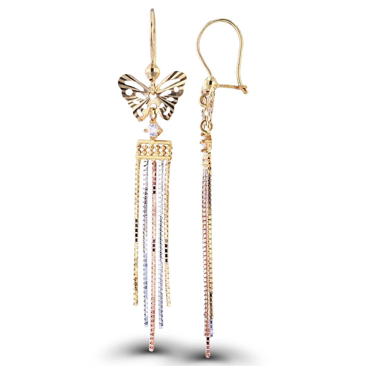 14K Gold Tri-color DC Butterfly Chain Dangling Earring with Cubic Zirconia