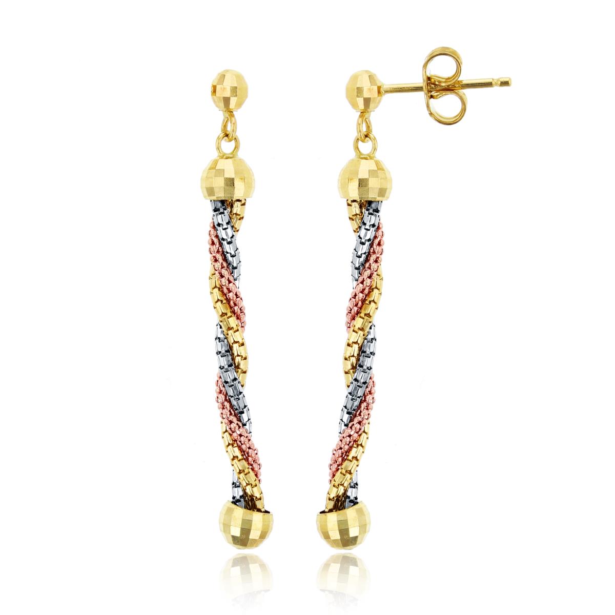 14K Gold Tri-color DC Twisted Bead Dangling Earring 