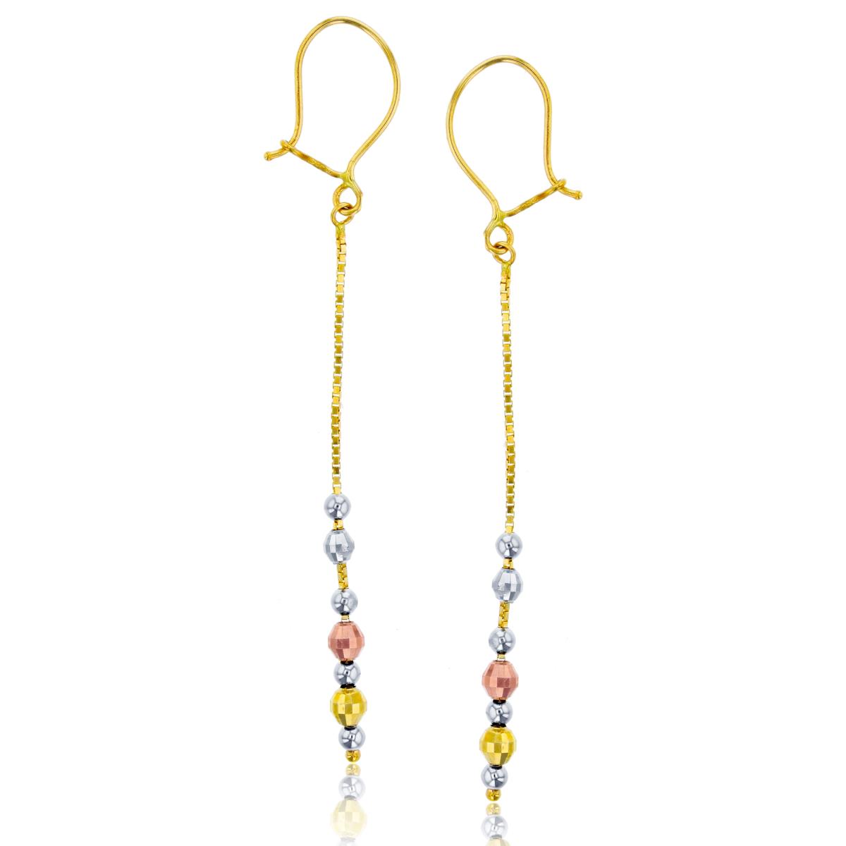14K Gold Tri-color DC Fancy Bead Linear Dangling Earring 