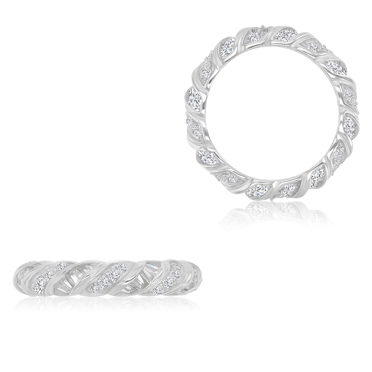 Sterling Silver Rhodium Round&Baguette Cut Twisted Eternity Ring