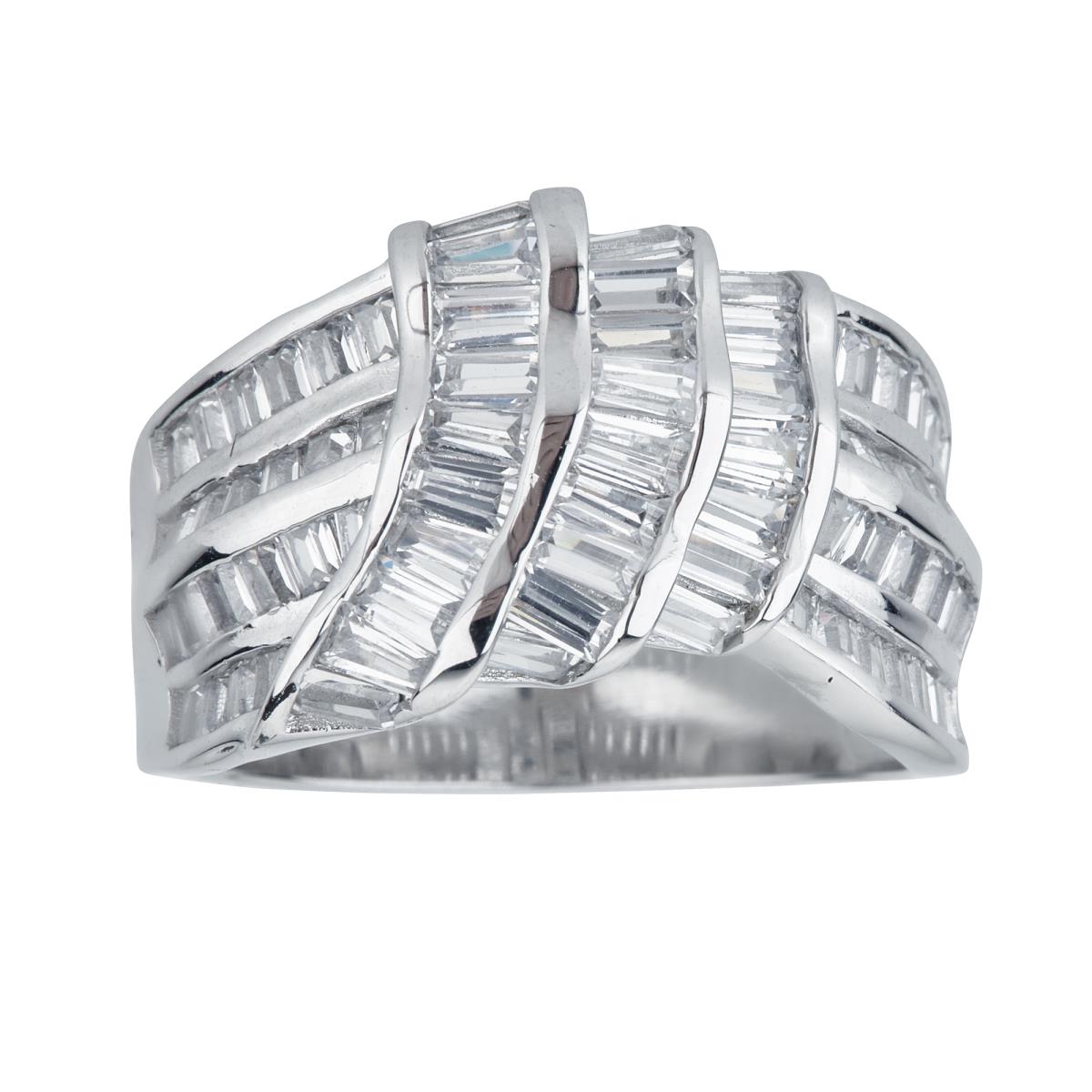 Sterling Silver Rhodium Baguette Cut Fancy Fashion Ring