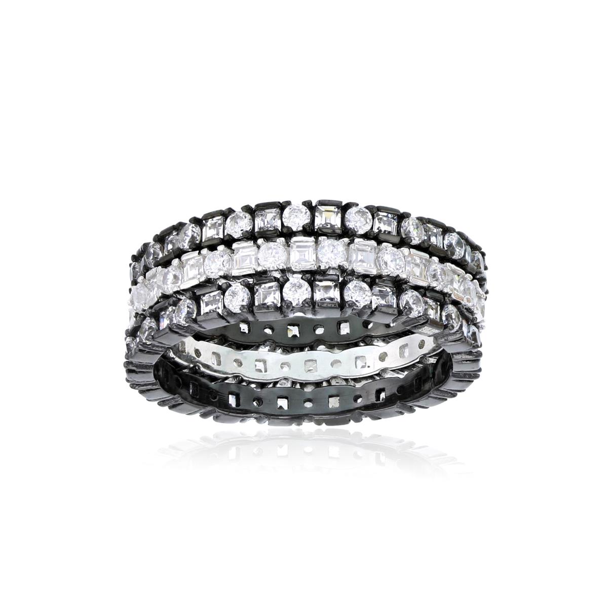 Sterling Silver Rhodium and Black Trio Eternity Band Ring