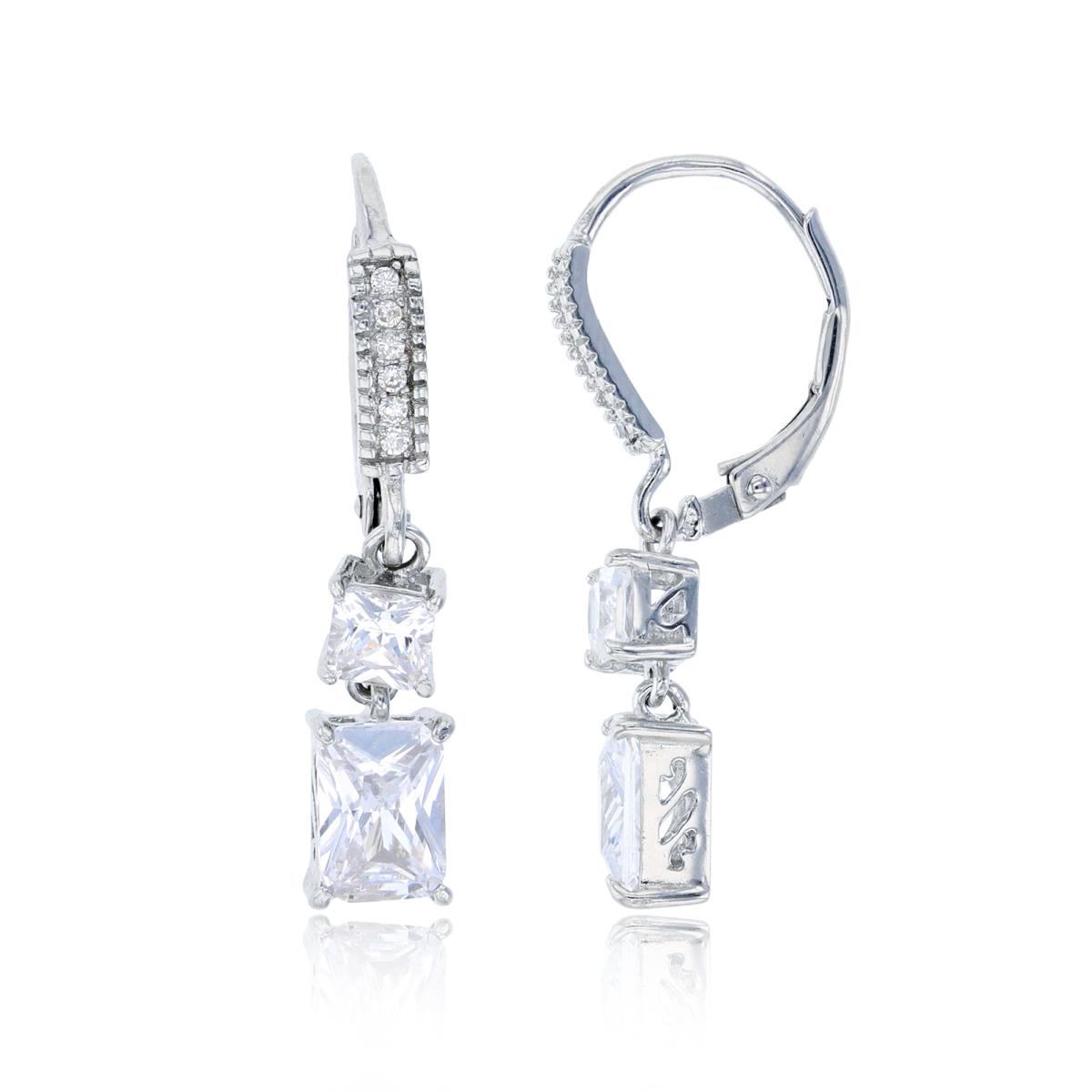 Sterling Silver Rhodium PR & Rnd CZ Two-Stone Drop Earring with Lever Backs
