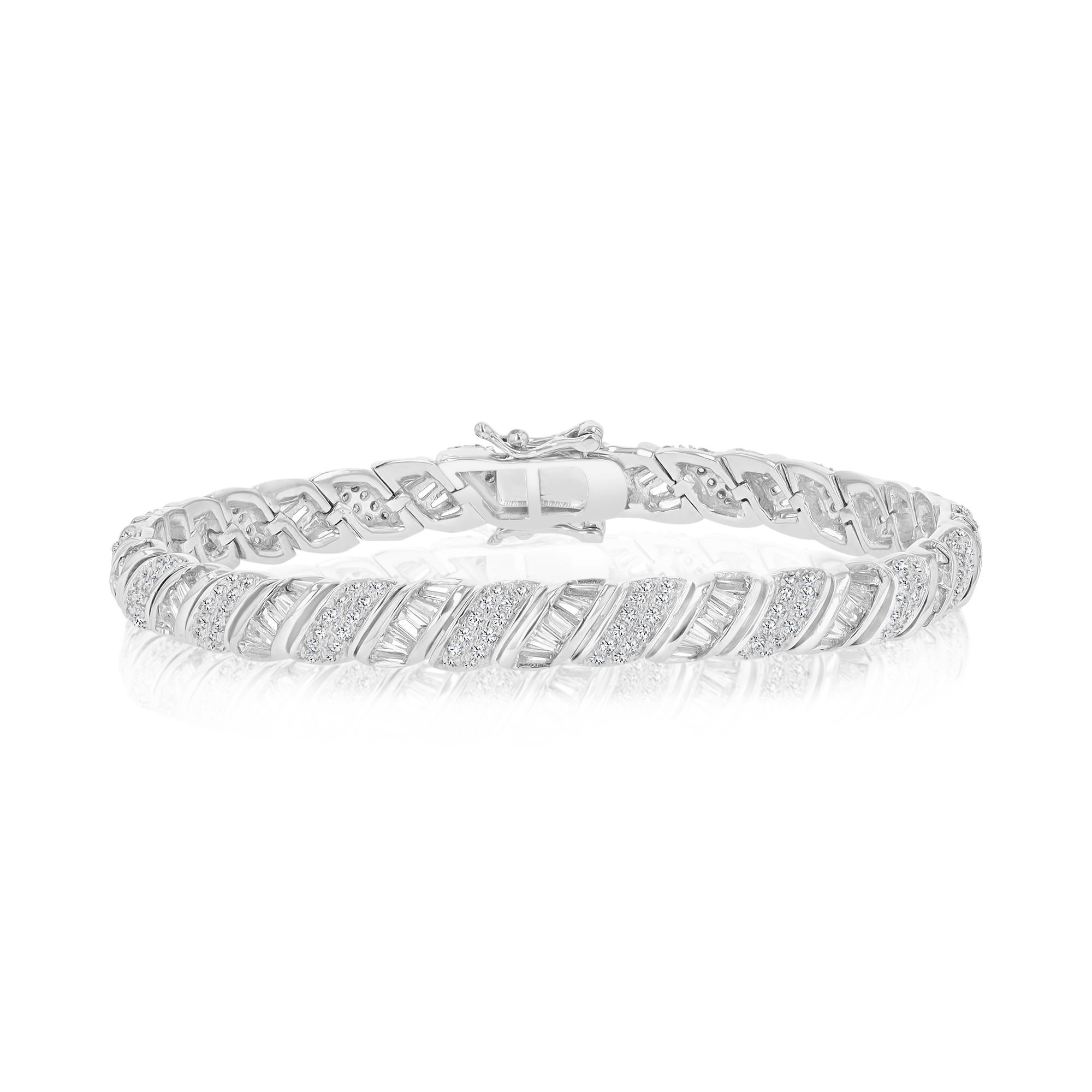 Sterling Silver Rhodium Baguette Pave 7" Fancy Bracelet