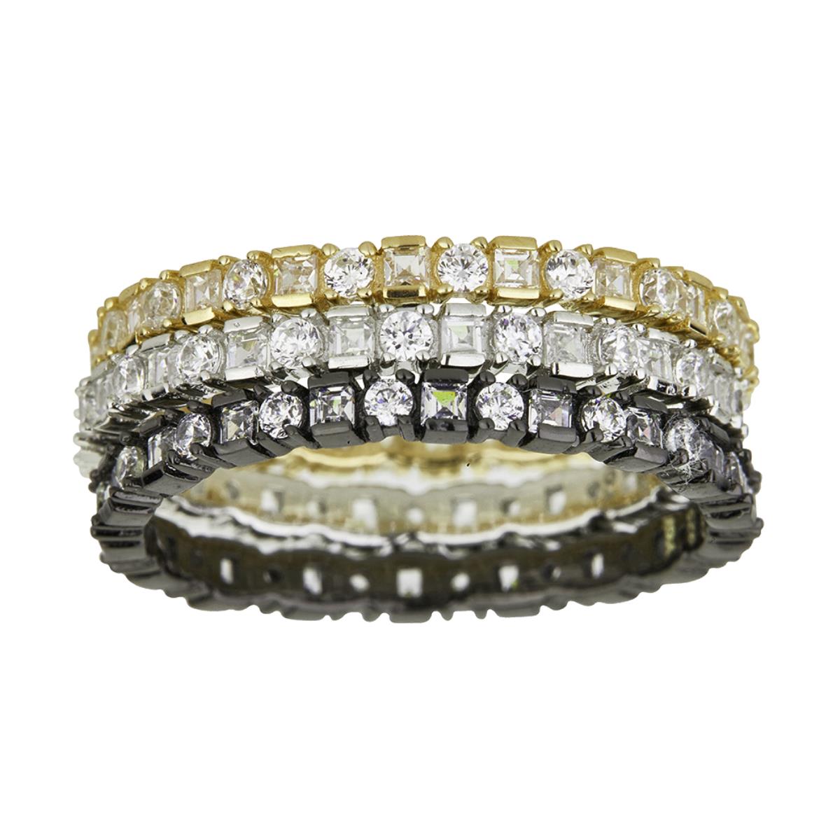 Sterling Silver Rhodium,Yellow and Black Trio Eternity Band Ring