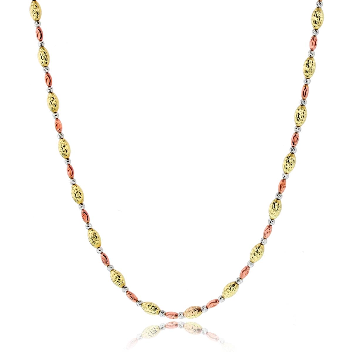 14k Gold Tri-Color Diamond Cut Rice Bead 18" Necklace with 2 inch Extender