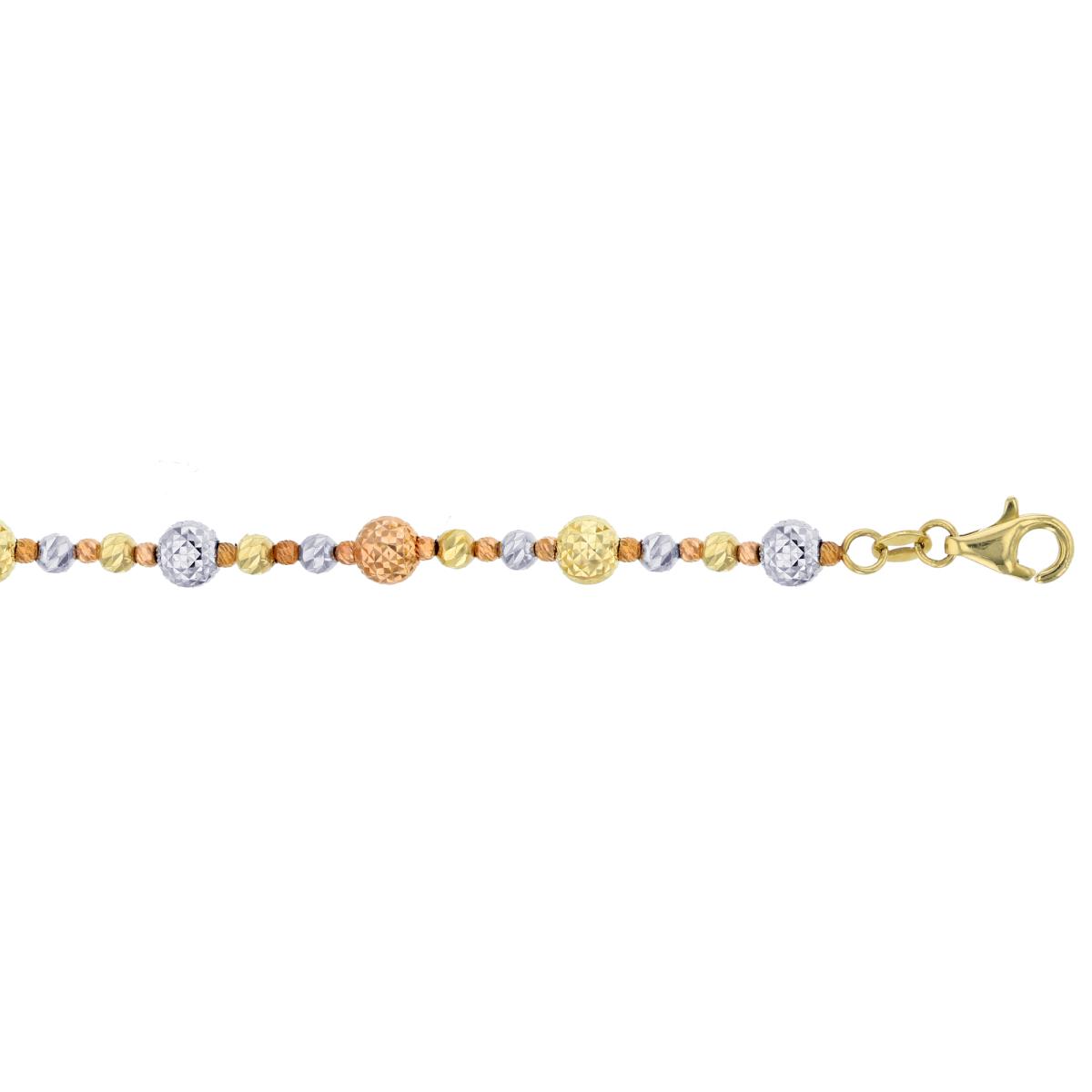 14k Gold Tri-Color Diamond Cut Rice Bead 7.5" Bracelet with 1 inch Extender