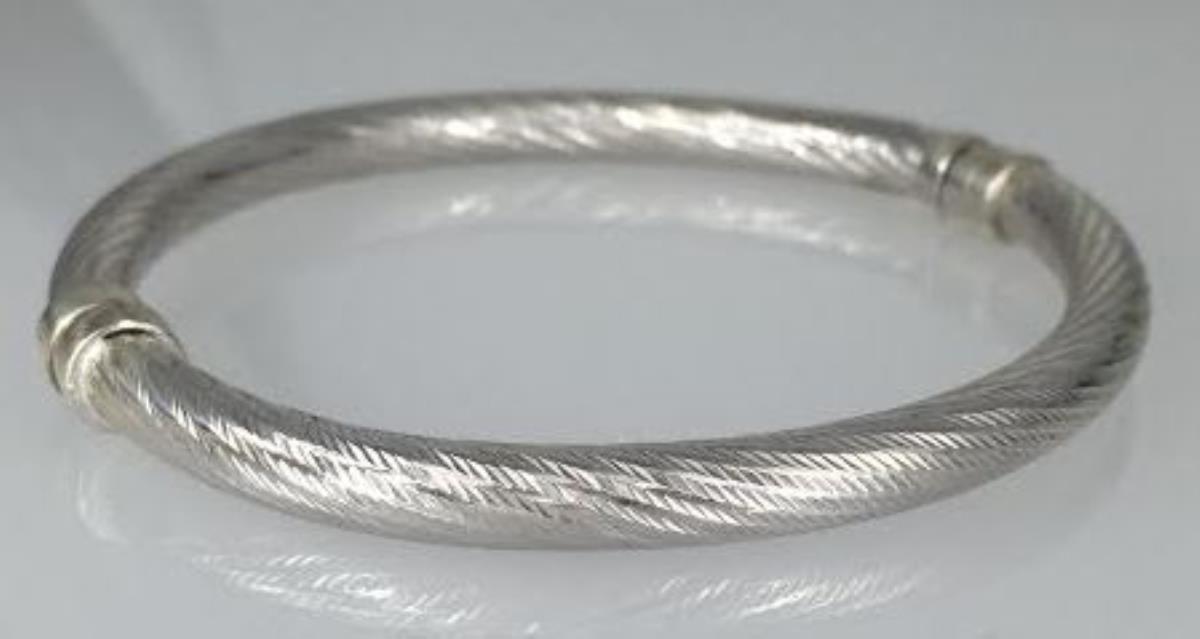 Sterling Silver Rhodium Diamond Cut Twist Bangle 