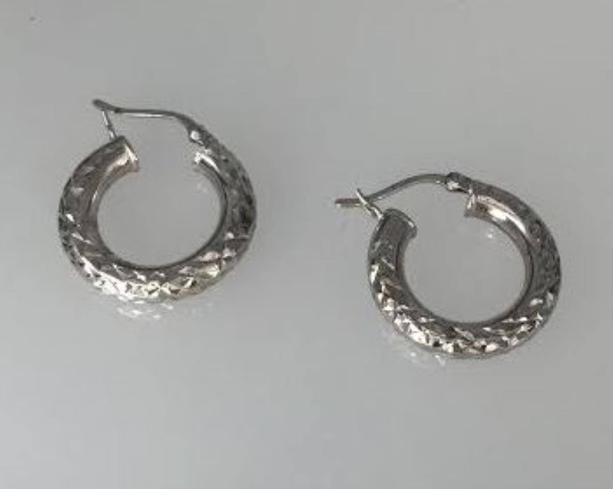 Sterling Silver Rhodium 4X30mm Diamond Cut Hoop Earring