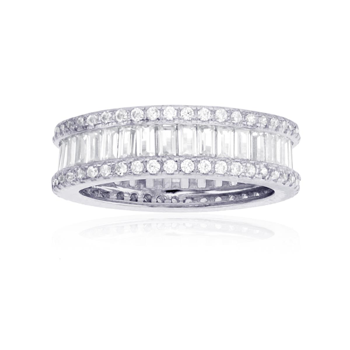Sterling Silver Rhodium Round and Baguette Cut Eternity Ring