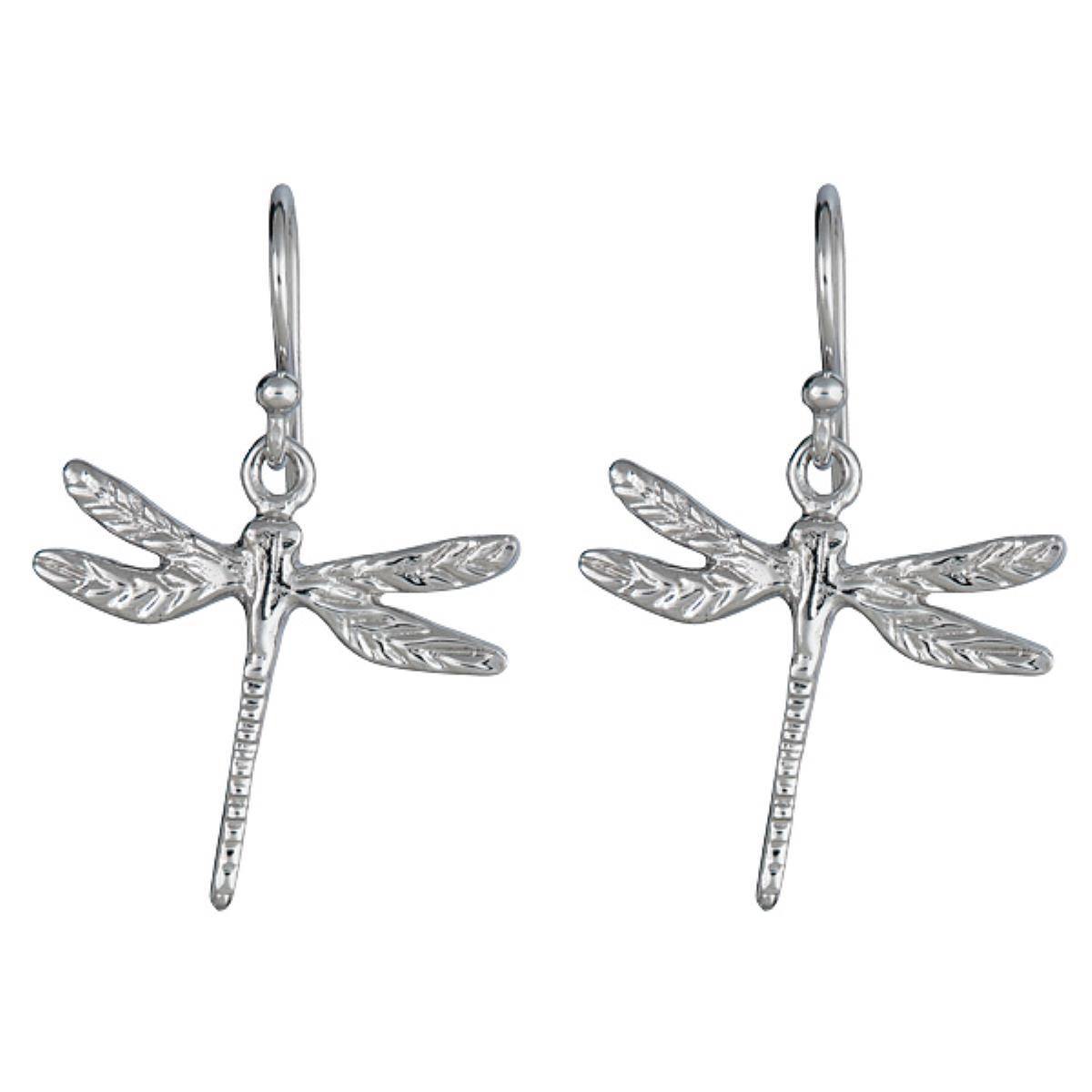 Sterling Silver Rhodium 20X28MM Dangling Dragonfly Earrings