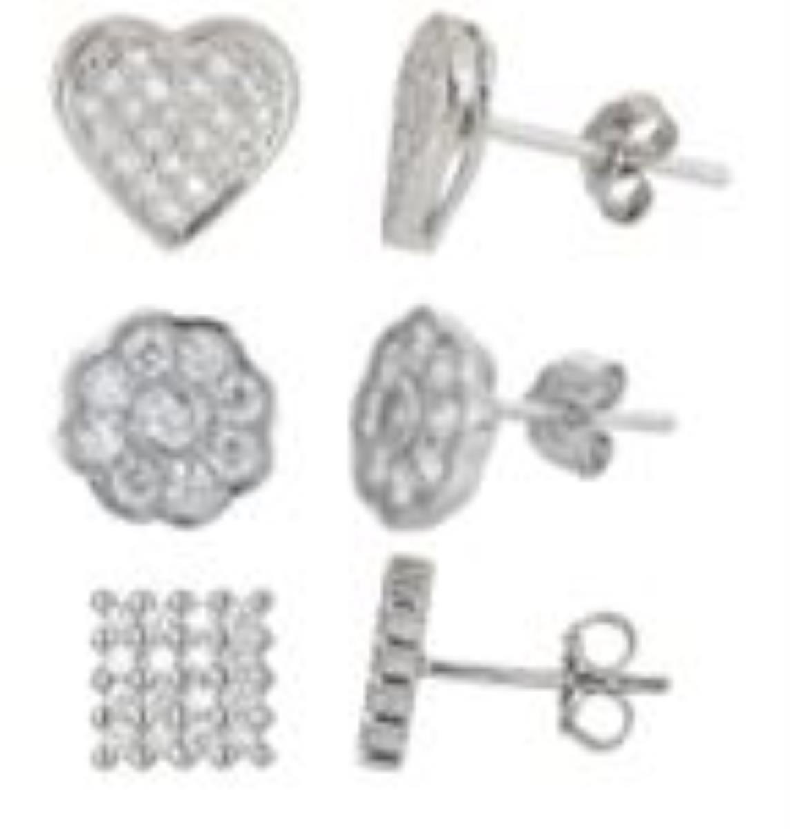 Sterling Silver Rhodium Heart, Flower, Square Stud Set