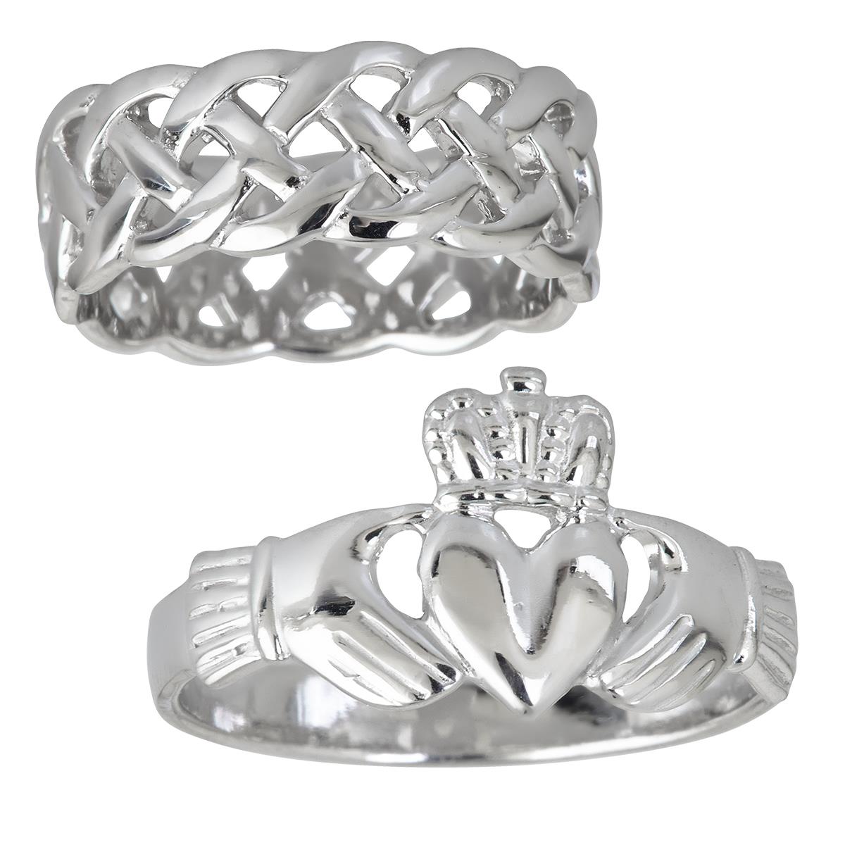 Sterling Silver Rhodium Celtic and Claddagh Ring Set