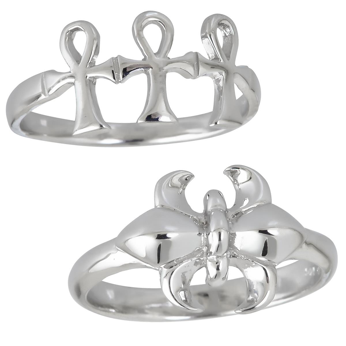 Sterling Silver Rhodium Triple Cross and Fleur De Lis Ring