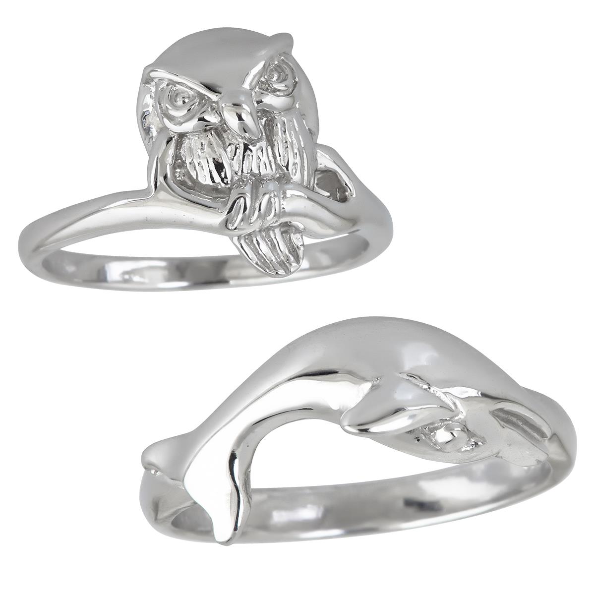 Sterling Silver Rhodium Owl and Dolphin Ring Set