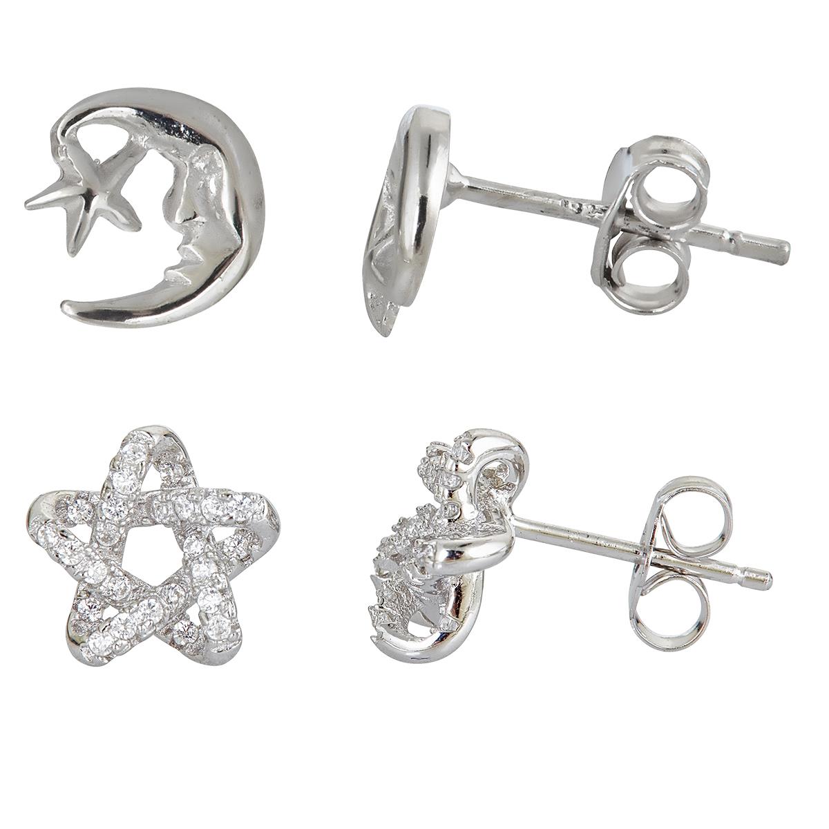 Sterling Silver Rhodium Star and Moon Stud Set