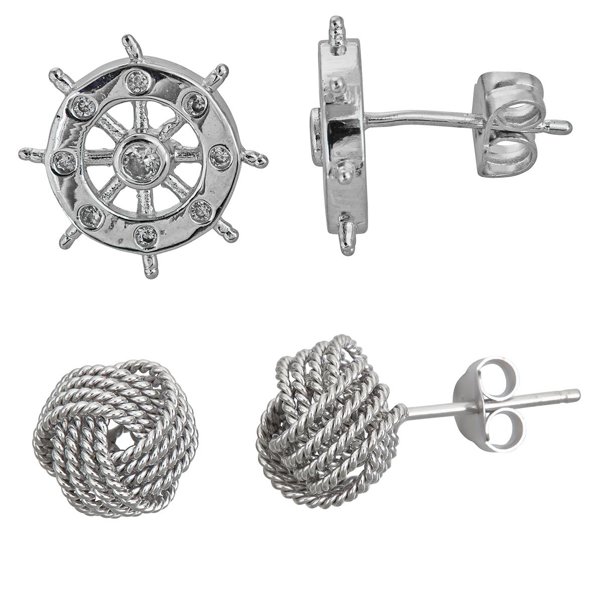 Sterling Silver Rhodium Love Knot and Ship Wheel Stud Set 